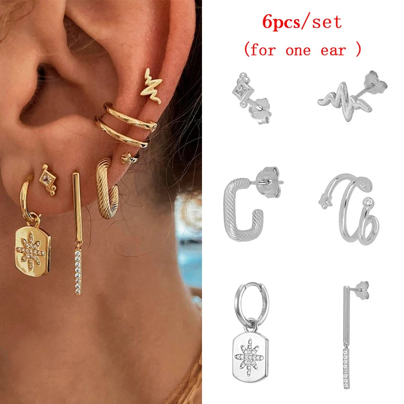 Gold Plated Hoop Stud Ear Cuff Earrings Set Jewelry