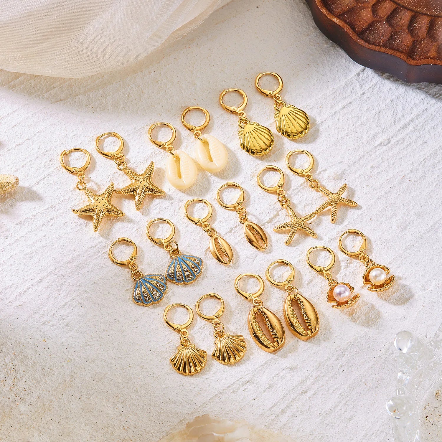 Starfish, Scallop and Pearl Boho Earring Set (6 Pieces)