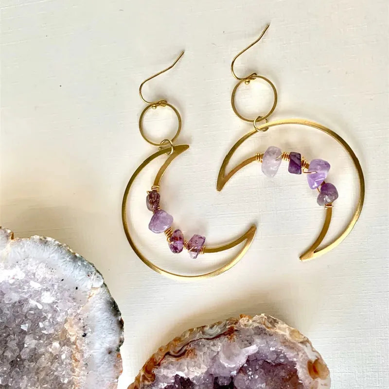 Crescent Moon Amethyst Drop Earrings, Boho Witchy Celestial Jewelry