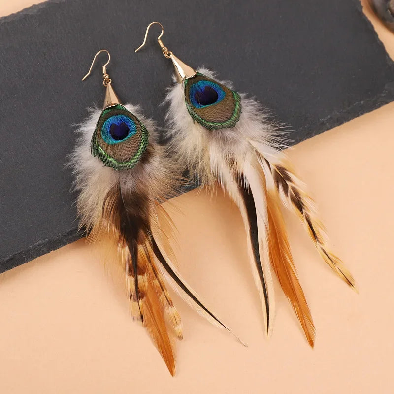 Peacock Feather Long Statement Earrings Jewelry