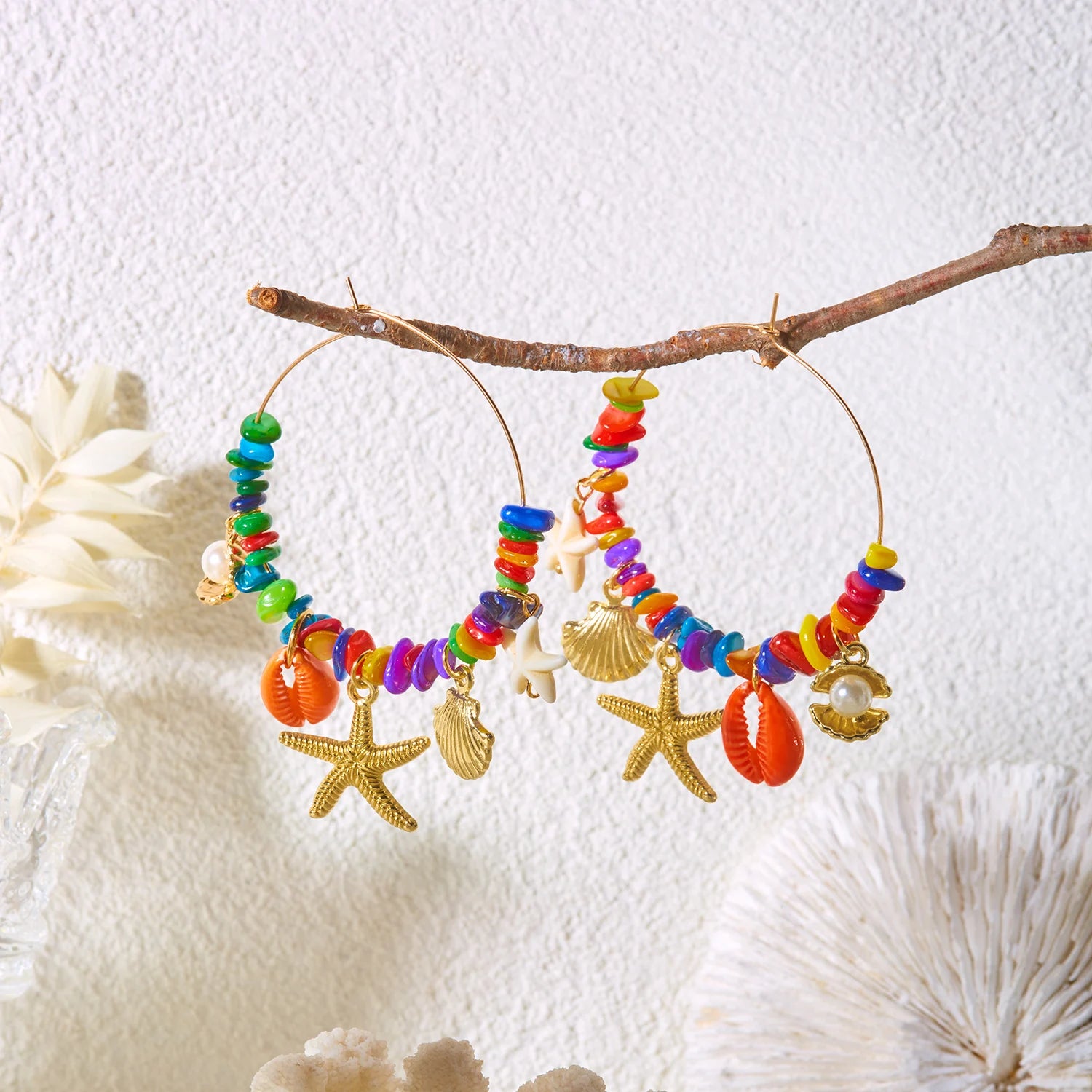 Y2K Starfish, Shell and Irregular Stone Hoop Earrings