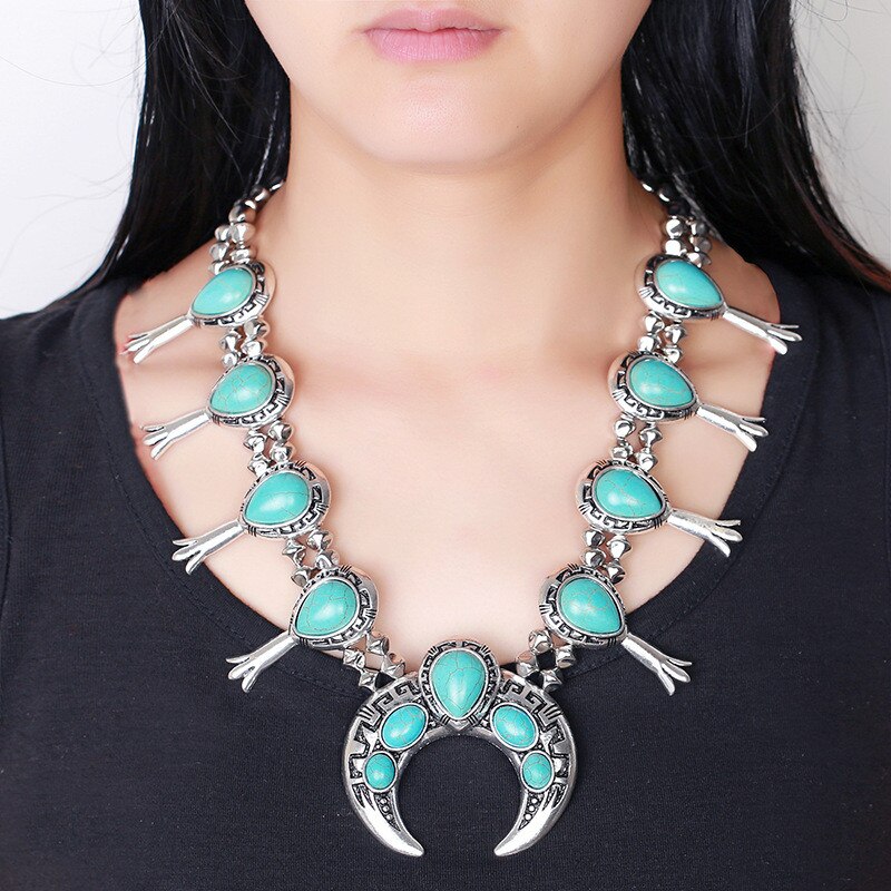 Red and Turquoise Stone Squash Blossom Flower Bib Necklace Turquoise and Silvertone Beaded Squash Blossom Choker Boho CRYSTAL