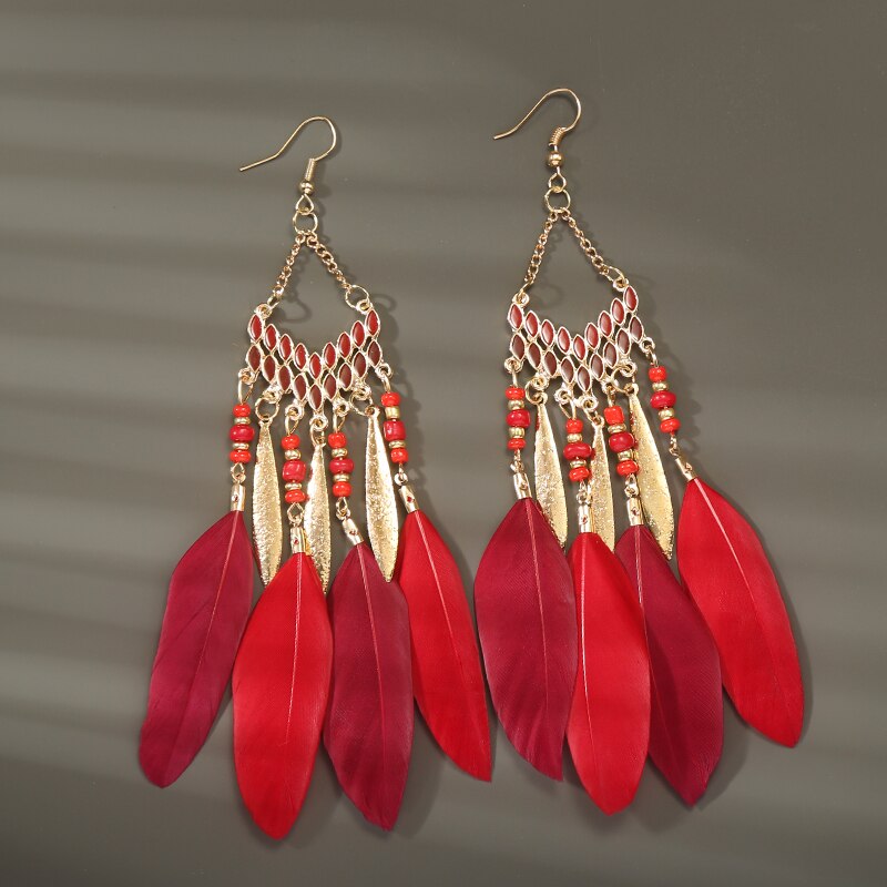 Boho Long Feather Dangle Women's Earrings Beach Long Tassel Beads Handmade Flower Enamel Earrings Bride Wedding Pendientes Mujer