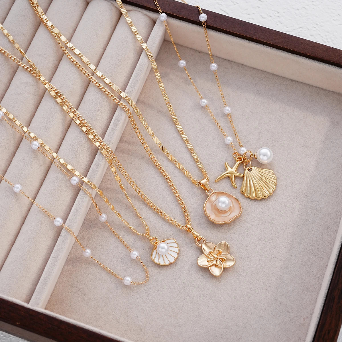 Starfish, Shell and Pearl Flower Boho Necklace Set (5 Pieces)