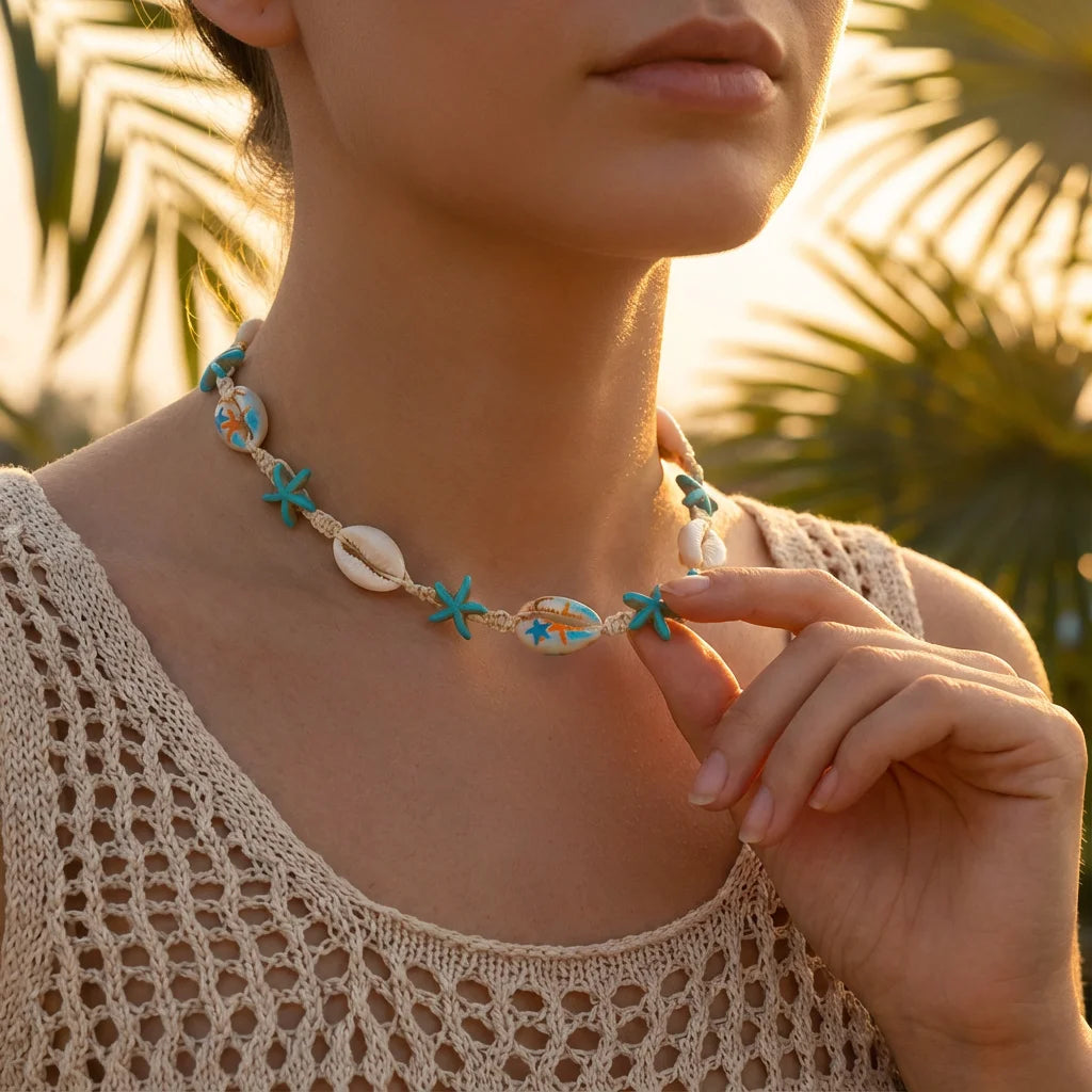 Cowrie Shell Boho Choker with Blue Starfish Beads