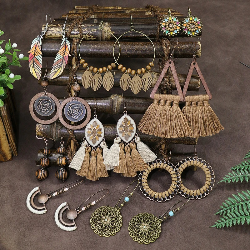 Wooden Bead Flower Leaf Long Tassel Earrings Jewelry