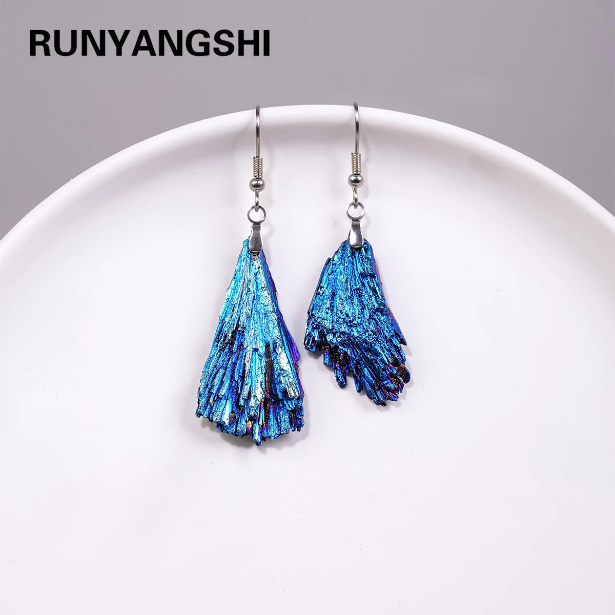 Aura Blue Tourmaline Feather Drop Earrings, Healing Crystal Chakra Boho Jewelry