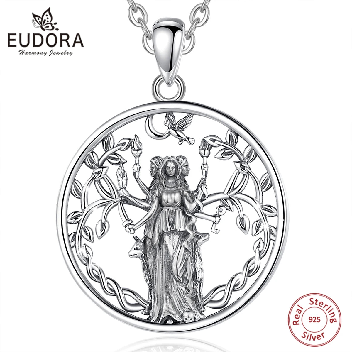 Triple Moon Goddess Hecate Amulet Necklace, S925 Sterling Silver