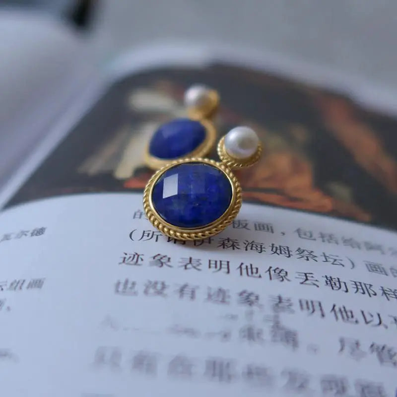 Vintage Style Exquisite Pearl Round Lapis Lazuli Earrings for Women Silver Inlaid Classic Blue Stud Earings Jewelry Gift - Charlie Dolly