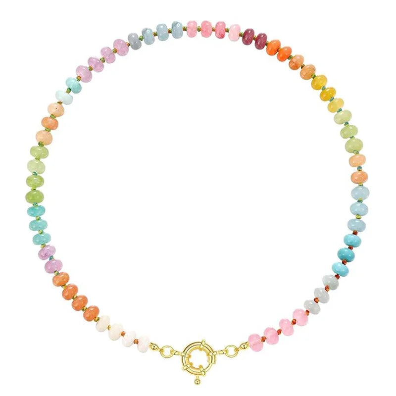 Colorful Boho Natural Stone Surfer Beach Choker 6mm Beaded Gemstone Necklace for Women 14K Gold Plated Handmade Jewelry - Charlie Dolly