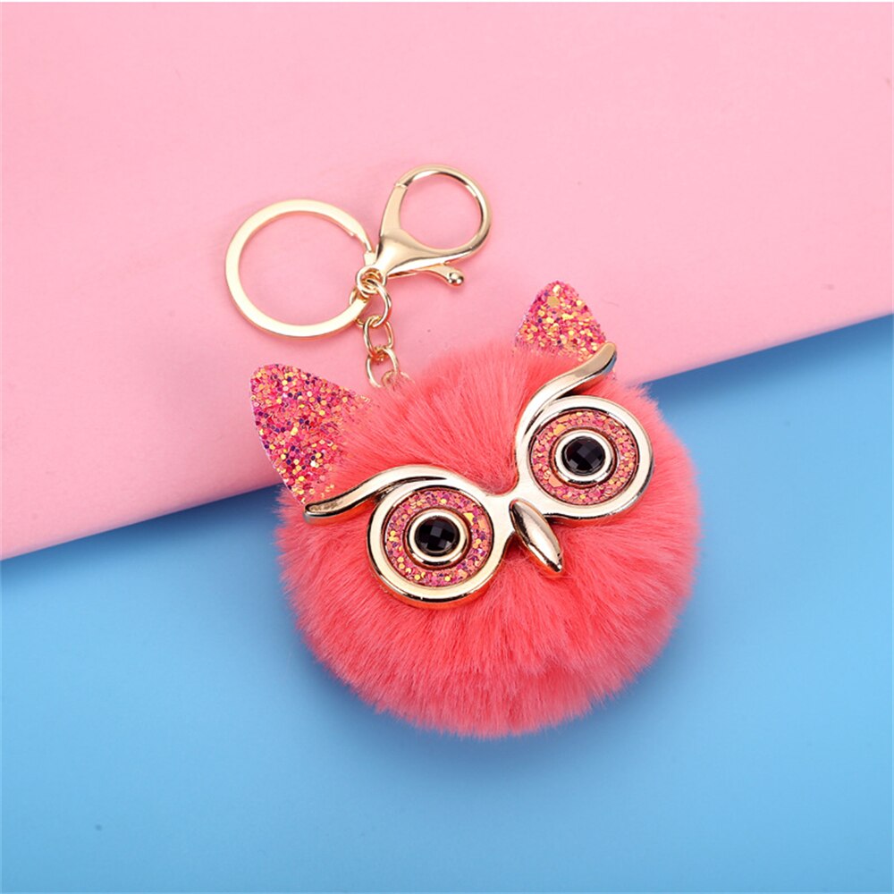 Cartoon Plush Owl Keychain With Sequin Girls Backpack Ornaments Fashion Soft Fluffy Pompom Animal Key Rings For Ladies Gifts