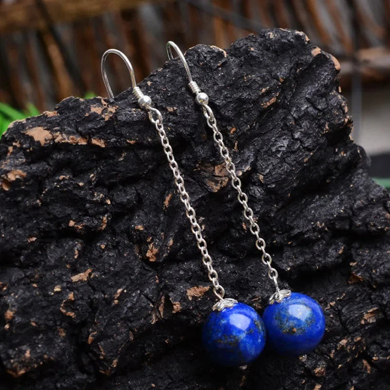925 Silver Natural Lapis Lazuli 8-10mm Beads Earrings Original Simple Jade Pulp Bead Handmade Gift Women Fine Stone Jewelry New - Charlie Dolly