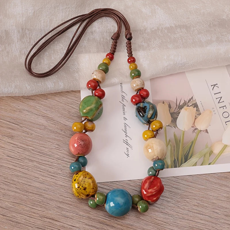 Hand Woven Ceramic Bead Adjustable Necklace Jewelry