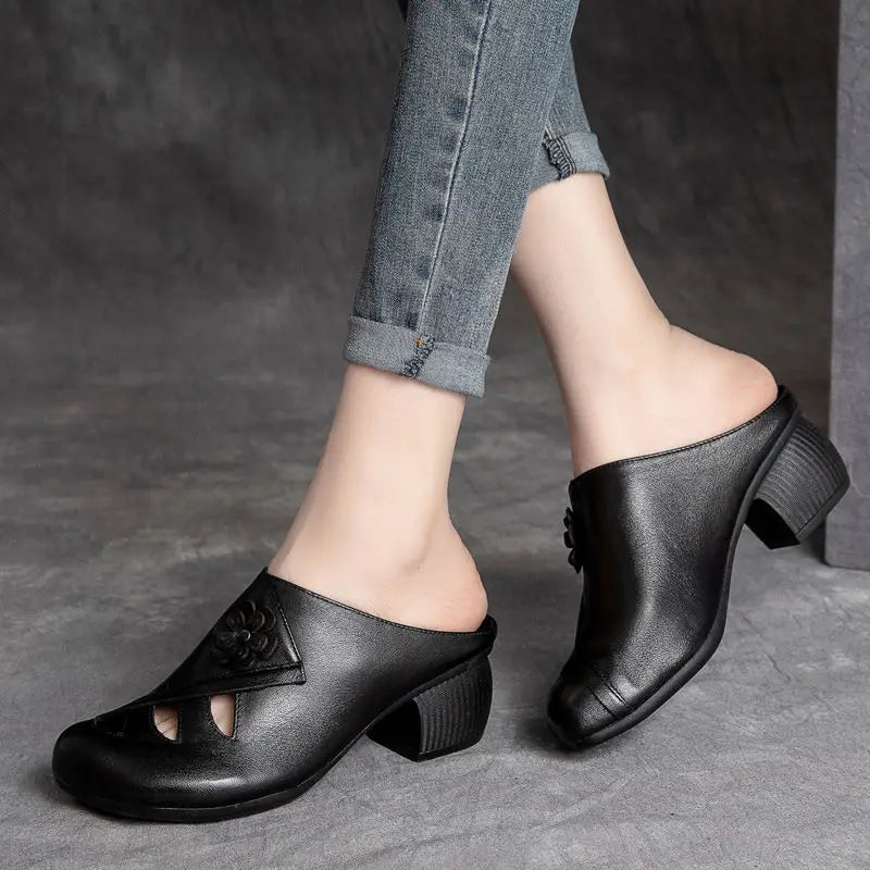 Comemore 2022 Retro Women Slippers Soft Shoes Close Toe High Heels Slides Black Mules Flip Flops for Summer Medium Heel Slides - Charlie Dolly