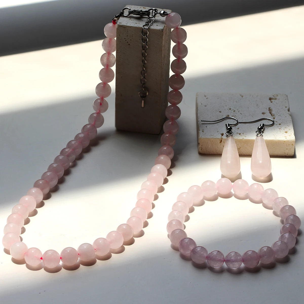 3PCS Natural Stone Rose Quartz Round Beaded Necklace Bracelet Earrings Jewelry Set Boho Women's Sweet Handmade Accessories - Charlie Dolly