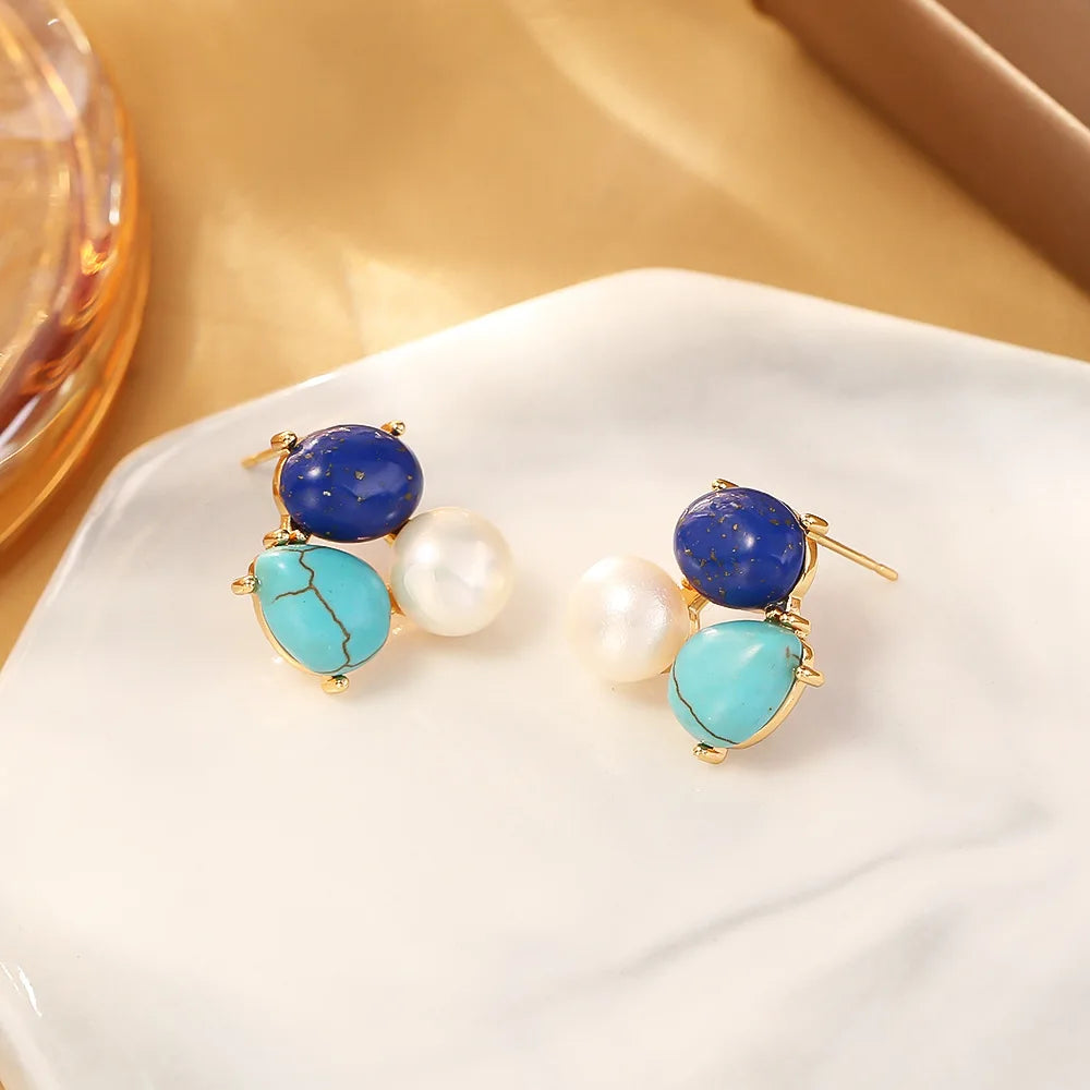 Natural Lapis Lazuli Geometric Pearl French Elegant Temperament High-end Silver Needle Earrings for Women Jewelry. - Charlie Dolly