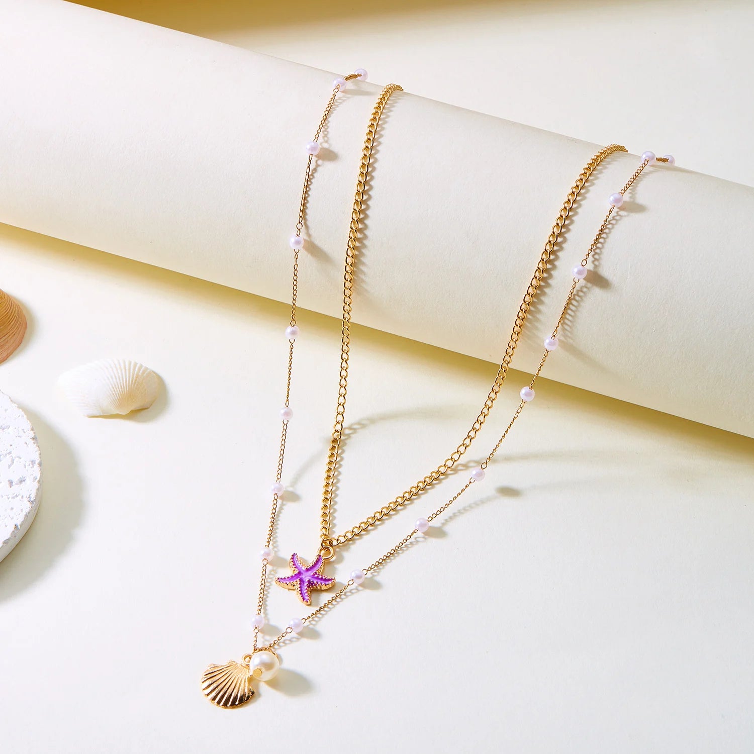 Double Layered Sea Shell and Starfish Boho Necklace