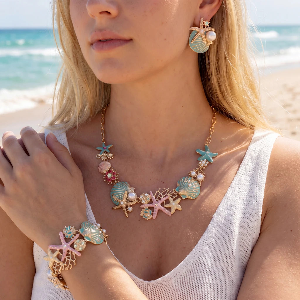 Starfish Shell and Coral Statement Necklace, Bracelet or Earring Set