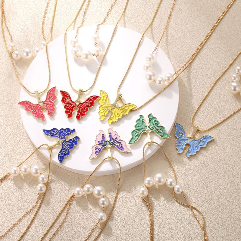 Trendy Barbie Princess Pearl Enamel Butterfly Choker Necklace For Women Holiday Party Gift Fashion Jewelry Accessories N049