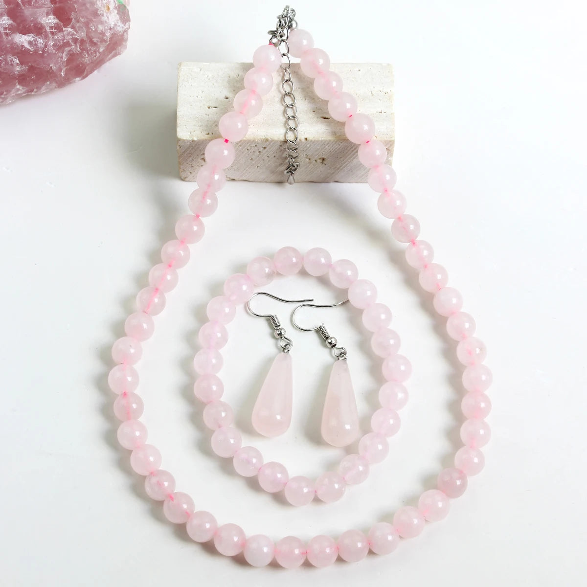3PCS Natural Stone Rose Quartz Round Beaded Necklace Bracelet Earrings Jewelry Set Boho Women's Sweet Handmade Accessories - Charlie Dolly