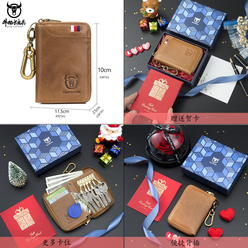 Genuine Leather Men's Waist Hanging Anti-theft Brush Cowhide Wallet Holder Keychain Zipper Coin Purse Pocket Cash Slim Vallet