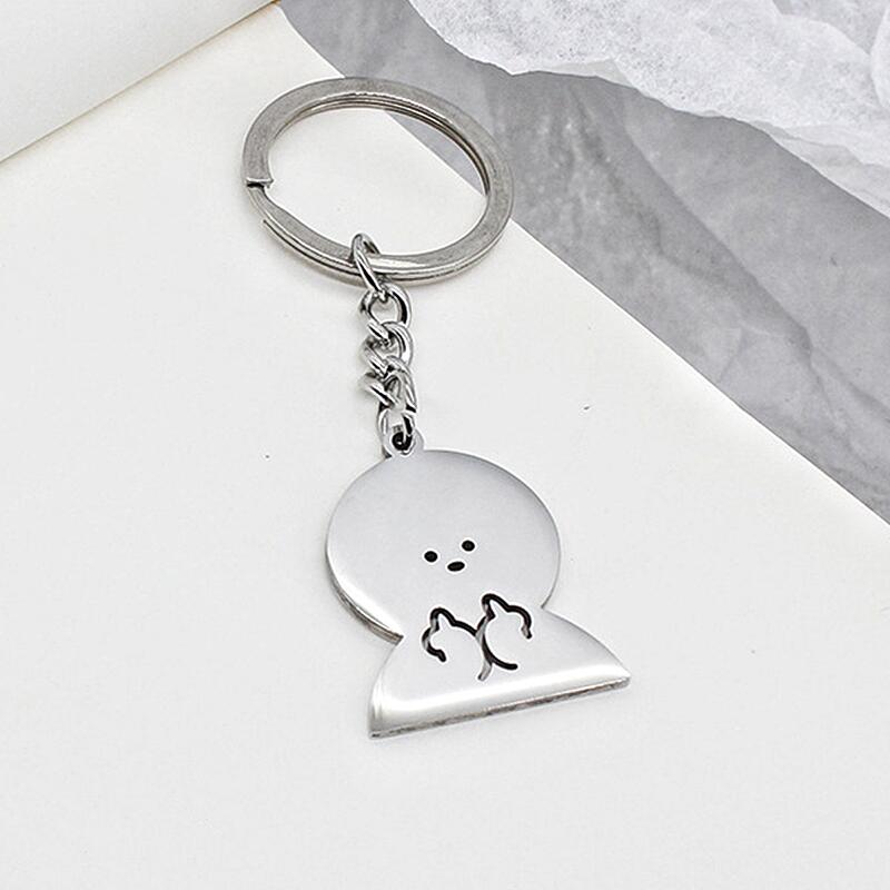 Funny Middle Finger Stickman Keychain Cute Titanium Steel School Bag Car Key Pendant Couple Trinket Gift Keyrings