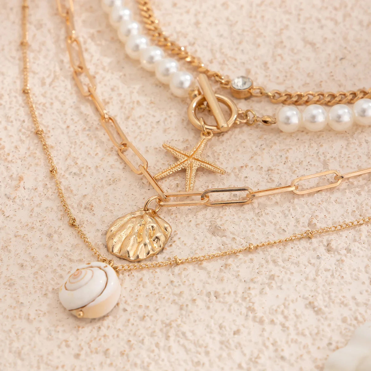 Shell Starfish and Pearl Layered Chain Boho Necklace