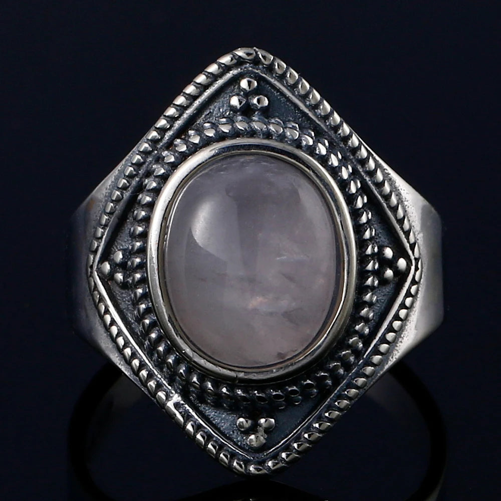 Natural Rose Quartz Oval Gemstone Ring - Vintage Boho Silver Plated Handmade Jewelry for Women Gift Party & Daily Wear - Charlie Dolly