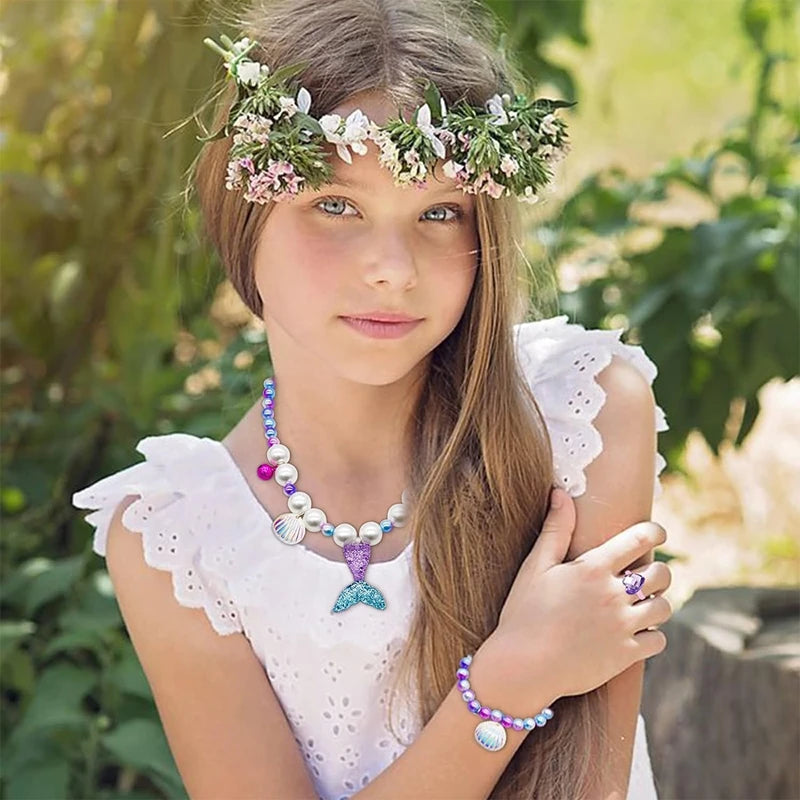 Princess Mermaid Shell Charm Necklace and Bracelet Set (5 Pieces)