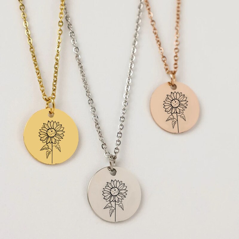 Personalized Sunflower Necklace Girlfriend Jewelry Gift Dainty Disc Engraved Birth Flower Pendant Necklaces