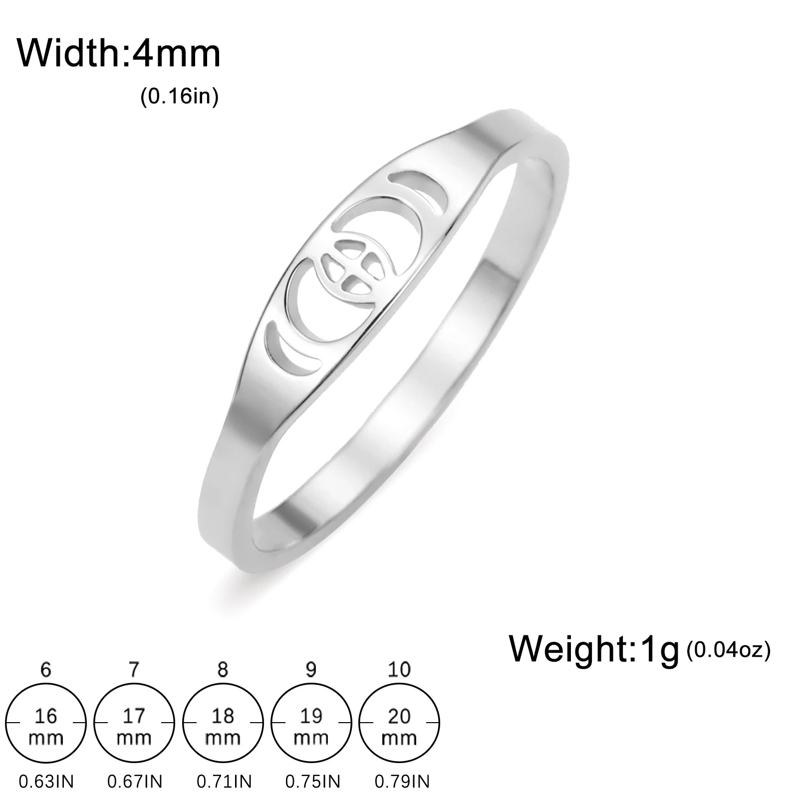 Crescent Moon Phase Ring, Stainless Steel Trendy Celestial Band Talisman