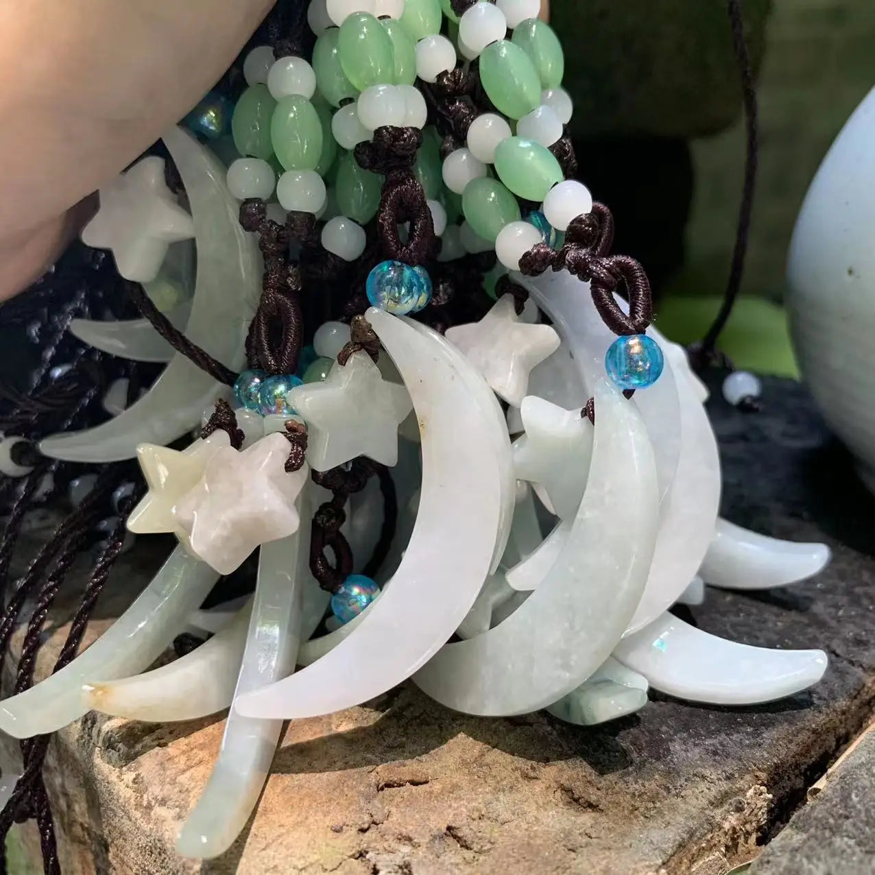 Grade A Natural Myanmar Jade Star Moon Pendant Necklace, Lucky Talisman