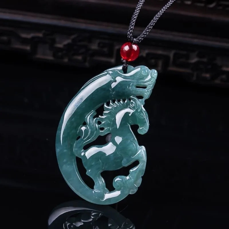 Real Myanmar Emerald Blue Water Jade Horse Card Pendant Necklace, Certified Amulet