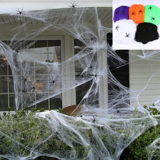 1pc Halloween Elastic Spider Web with Spider Horror Haunted House Yard Scene Arrangement Halloween Faux Decorative Props 2024 - Charlie Dolly