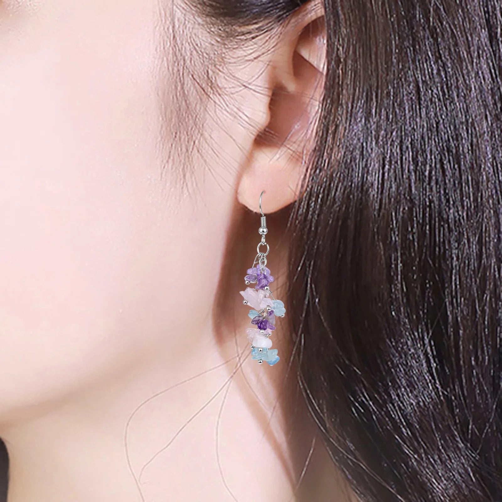 Crushed Crystal Grape Cluster Tassel Earrings, Natural Stone Boho Wedding Jewelry