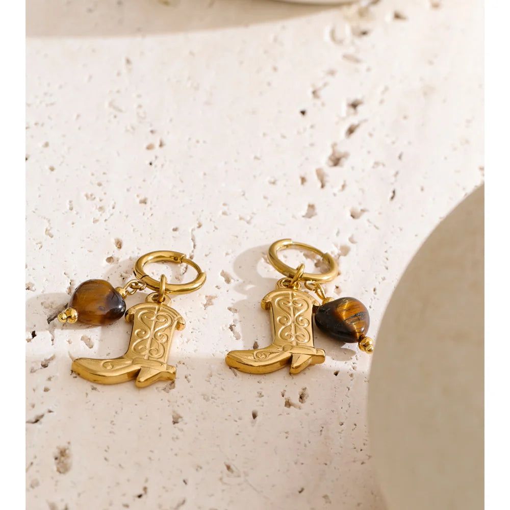 Natural Tiger Stone Boot Charm Drop Hoop Earrings, Stainless Steel Vintage Jewelry