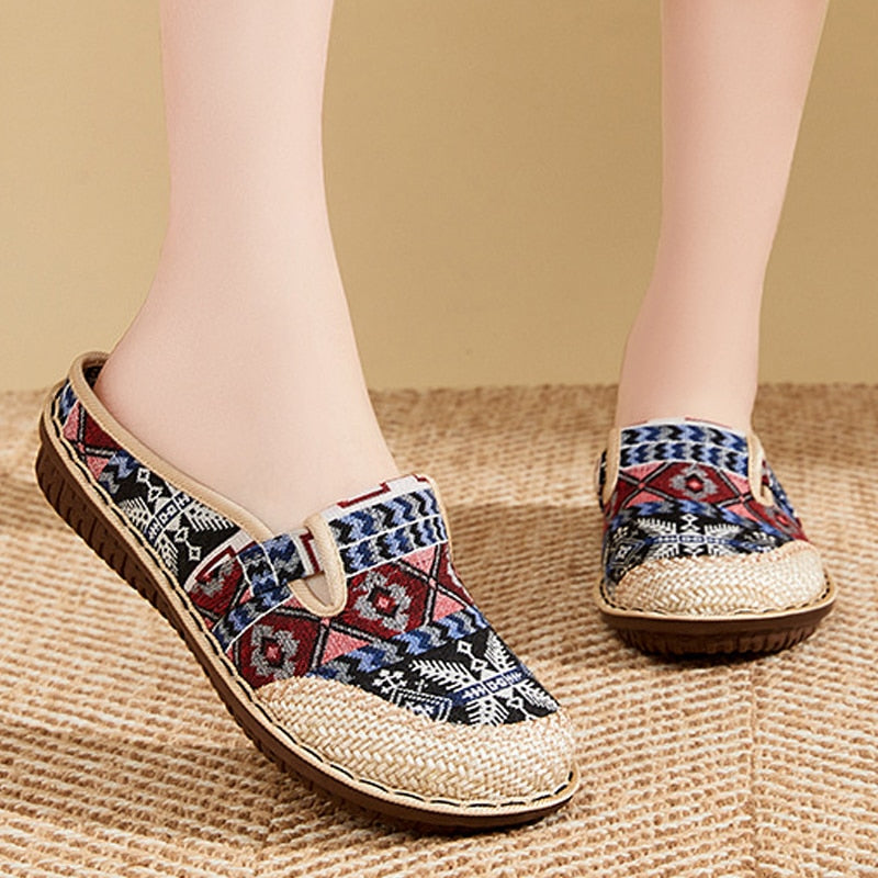 Women Slipper Ethnic Embroidery Summer Flat Shoe Linen Wedge Cloth Shoes Soft Sole Walking Elderly Sandal Ladies Slip-on Muller