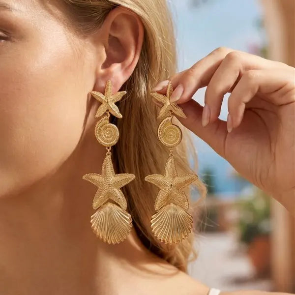 Pearl and Seashell Clustered Tassel Dangle Earrings