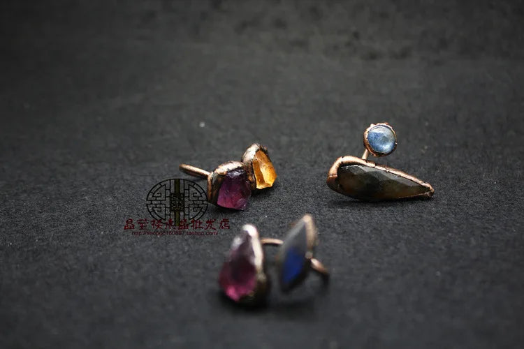 Natural Gem Raw Stone Amethyst Ring Crystal Bronze Plated Citrine Green Fluorite Boho Vintage Fashion For Women's Jewelry Gifts - Charlie Dolly