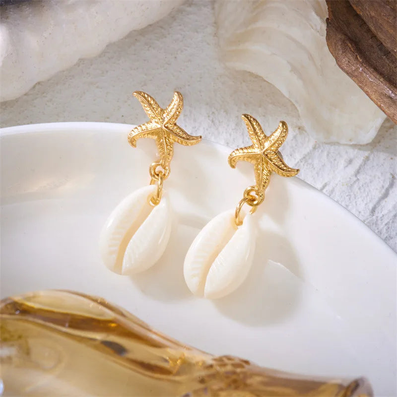 Boho Starfish, Conch and Scallop Pearl Pendant Earrings