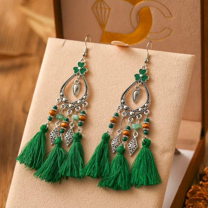 Heart Flower Enamel Bead Tassel Earrings Jewelry