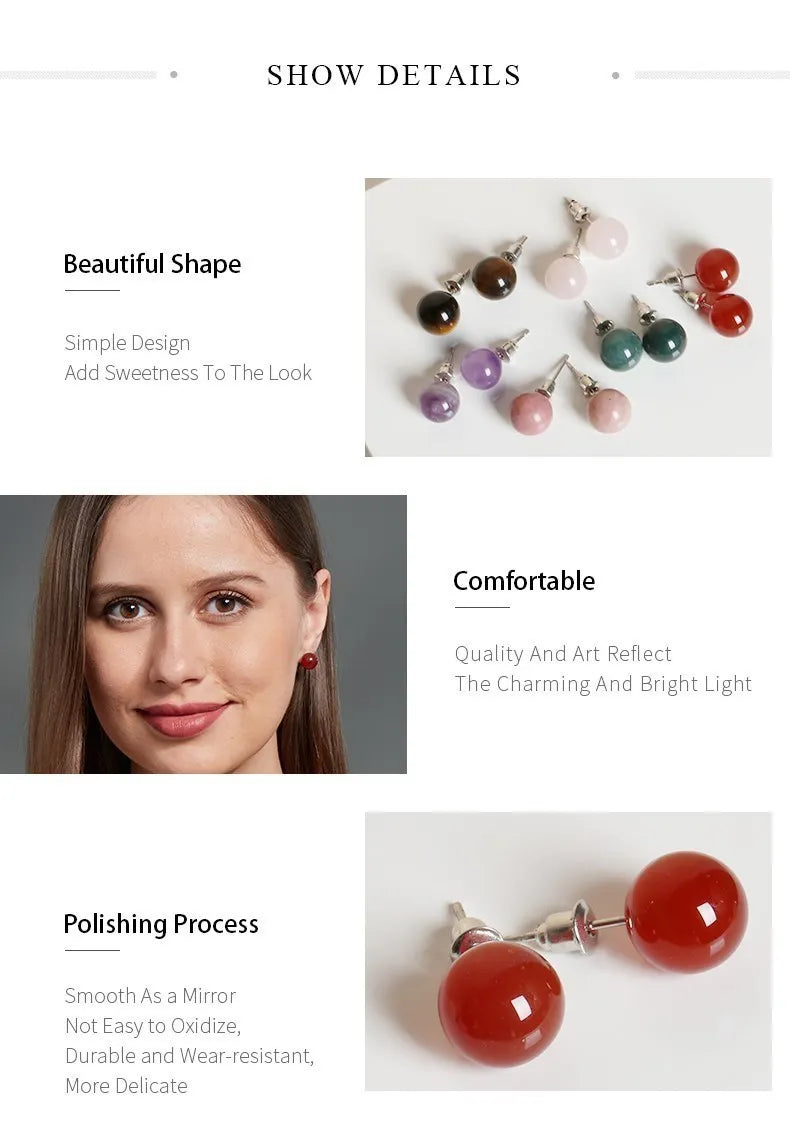 Natural Stone Agate Quartz Lapis Lazuli Tiger Eye Round Bead Stud Earrings Women Fashion Simple Stainless Steel Crystal Ear Stud - Charlie Dolly