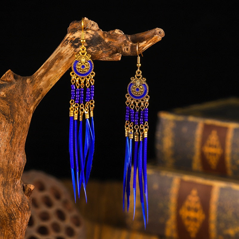 Vintage Bohemian Ethnic Style Earrings Long Rice Bead Tassel Earrings FOR WOMEN Alloy Dripping Oil Long Tassel Earrings - Charlie Dolly