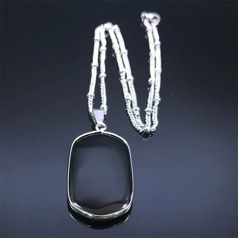 Black Obsidian Geometric Lucky Pendant Necklace Women Boho Natural Stone Stainless Steel Silver Color Necklaces Jewelry NA145S04 - Charlie Dolly