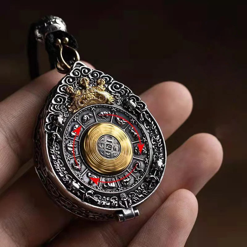 Vintage Jiugong Bagua Ghau Box Pendant Necklace, Silver Tone Buddhist Amulet Talisman