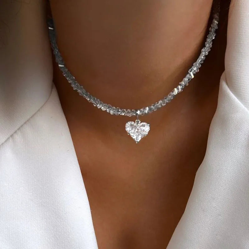 Geometric Crystal Zircon Heart Bead Necklace Jewelry