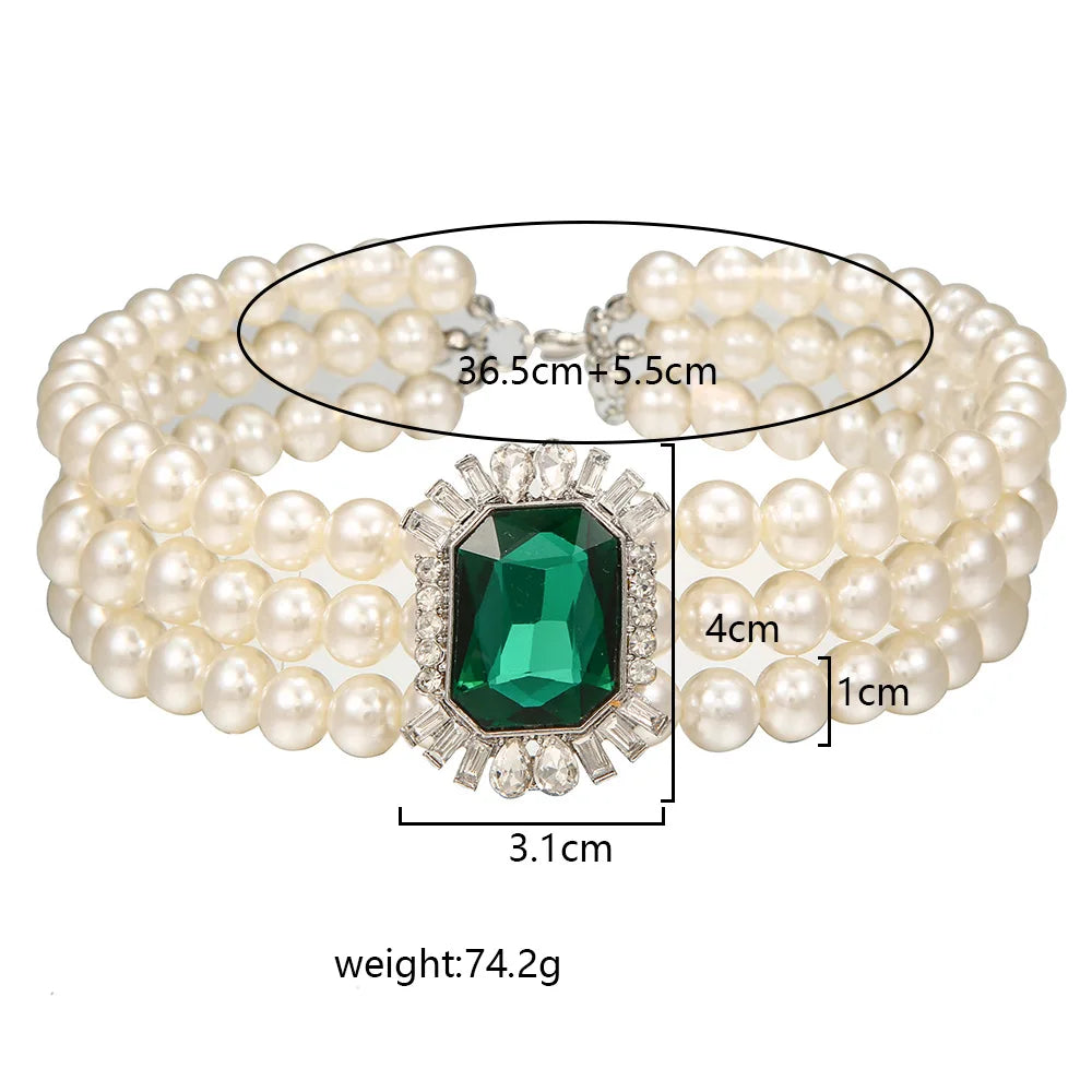 Pearl Green Crystal Layered Choker Necklace Jewelry