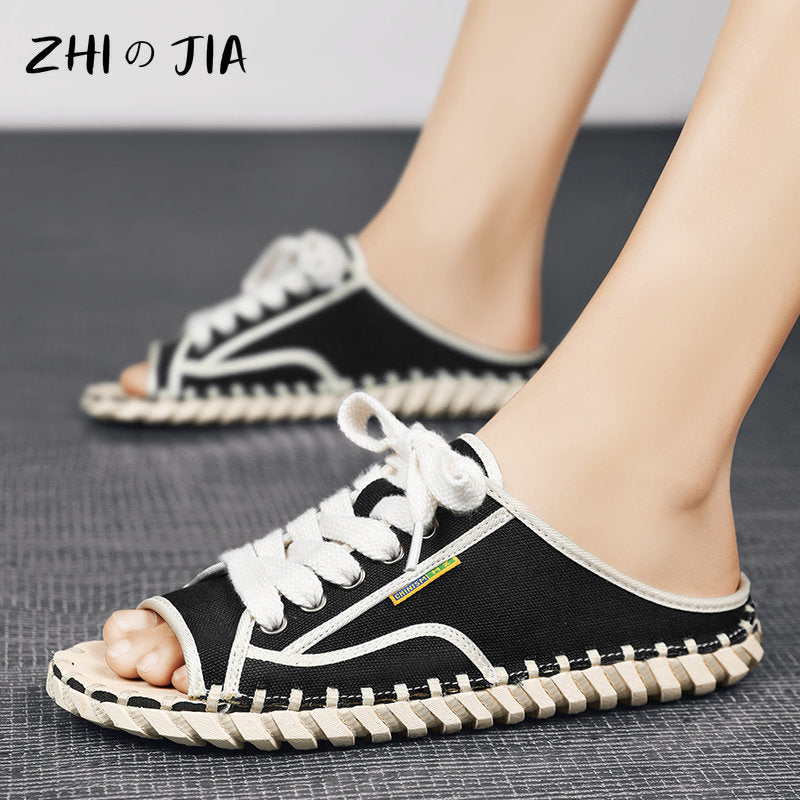 2023 Summer Men's Sandals Handmade Outdoor Canvas Shoes Casual Fashion Personality Sandals Mesh Shoes Platform Comfort Slippers