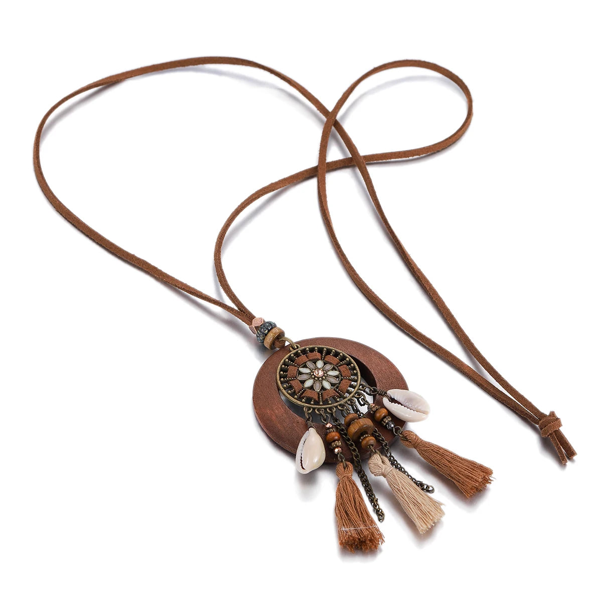 Wood Flower Bead Leaf Tassel Long Necklace Jewelry