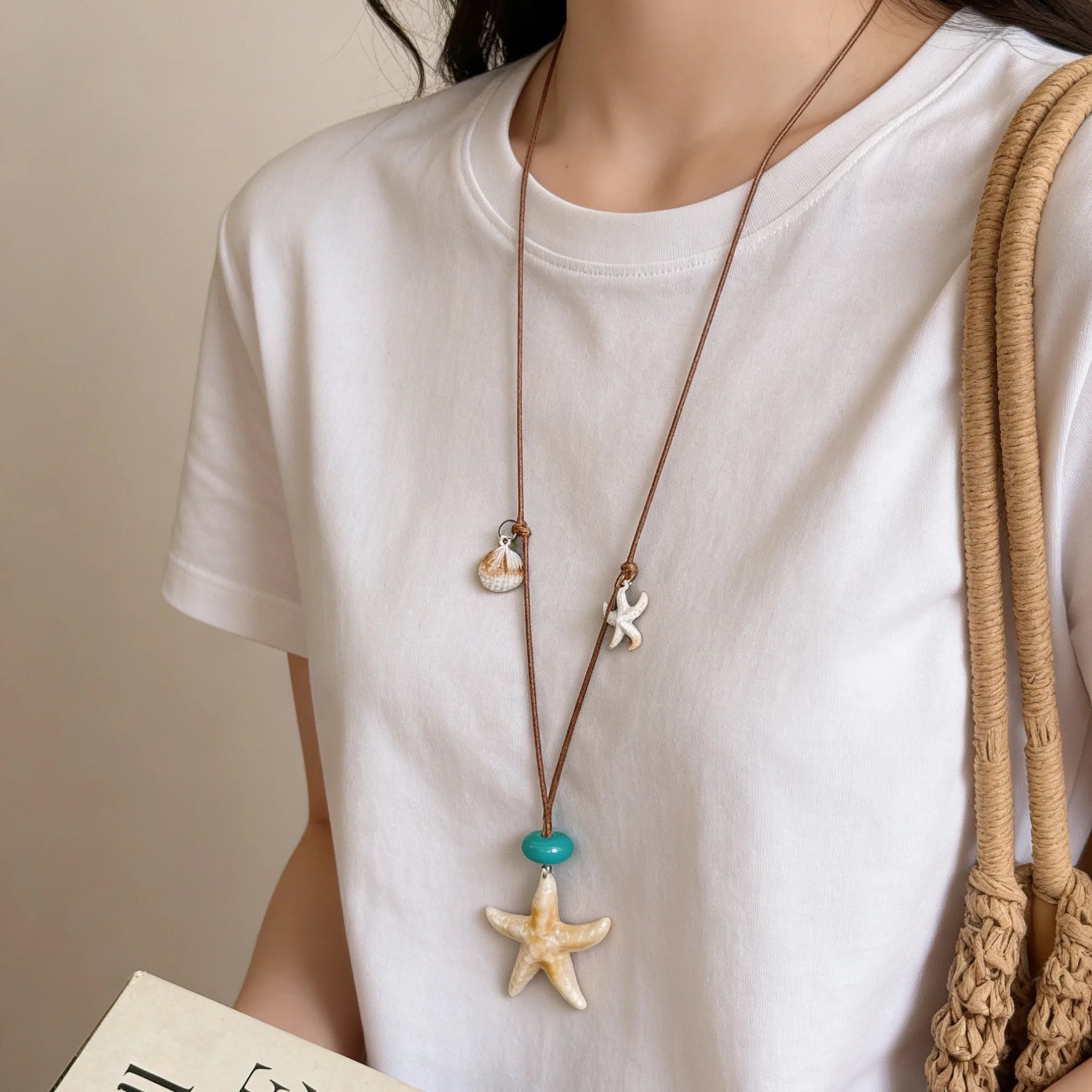 Starfish, Nautilus and Conch Wax Rope Clavicle Necklace